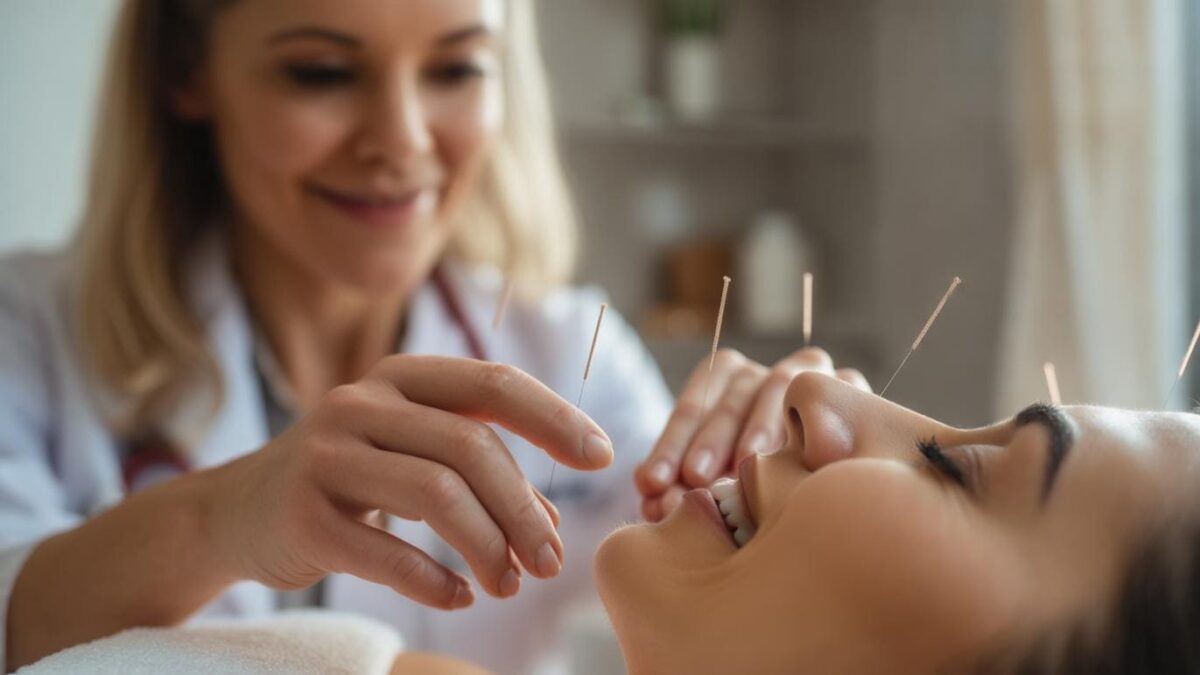 A imagem mostra uma sessão de acupuntura. No primeiro plano, uma pessoa está deitada com várias agulhas de acupuntura inseridas no rosto. Um par de mãos está cuidadosamente colocando ou ajustando uma agulha próximo ao rosto da pessoa. O fundo está um pouco desfocado, sugerindo um ambiente calmo e sereno, possivelmente uma clínica ou sala de tratamento. A iluminação é suave e natural, criando uma atmosfera relaxada.