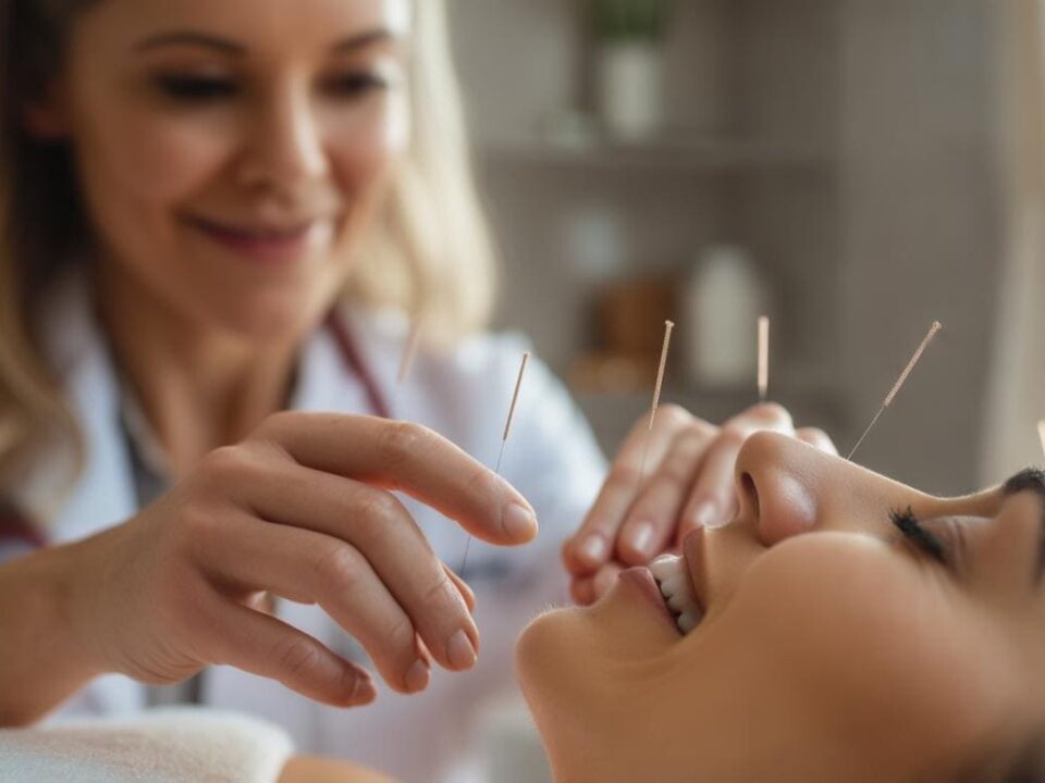 A imagem mostra uma sessão de acupuntura. No primeiro plano, uma pessoa está deitada com várias agulhas de acupuntura inseridas no rosto. Um par de mãos está cuidadosamente colocando ou ajustando uma agulha próximo ao rosto da pessoa. O fundo está um pouco desfocado, sugerindo um ambiente calmo e sereno, possivelmente uma clínica ou sala de tratamento. A iluminação é suave e natural, criando uma atmosfera relaxada.