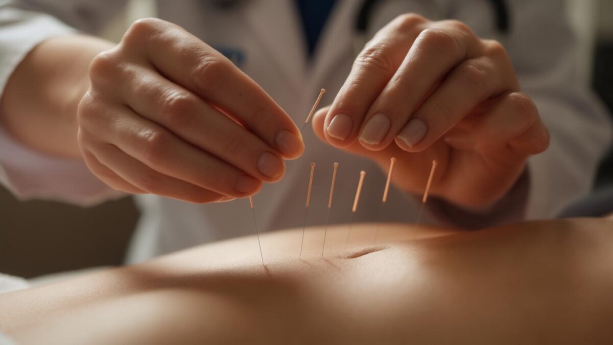 Mãos aplicando agulhas de acupuntura no abdomen de uma mulher