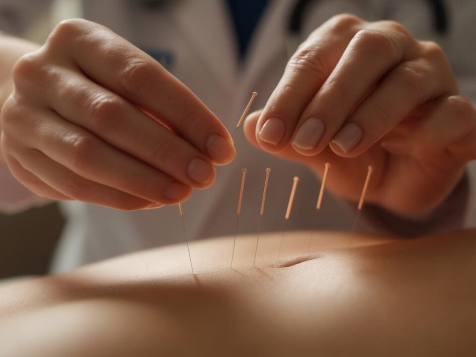 Mãos aplicando agulhas de acupuntura no abdomen de uma mulher